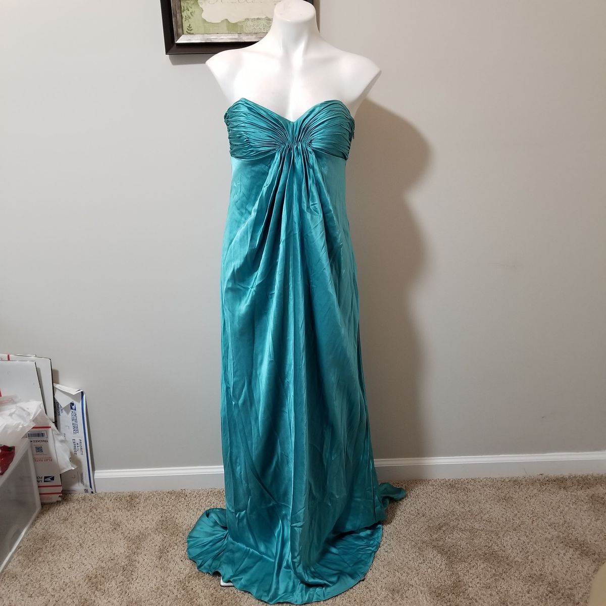 Laundry by Shelli Segal Size 10 Strapless Satin Turquoise Blue A-line Dress on Queenly