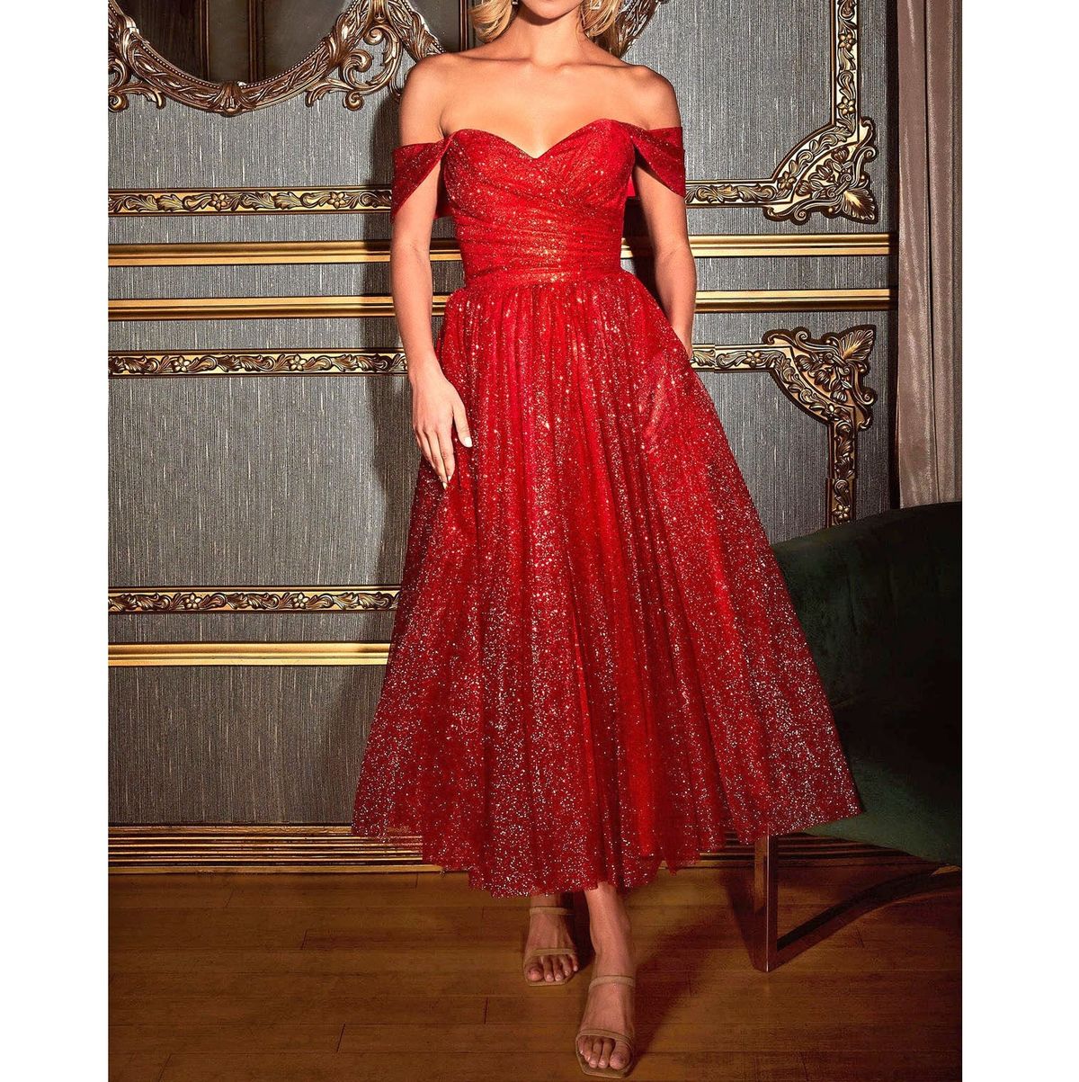 Style Red Sparkle Metallic Off the shoulder Formal Party Cocktail Midi Dress Cinderella Size 4 Homecoming Off The Shoulder Red A-line Dress on Queenly