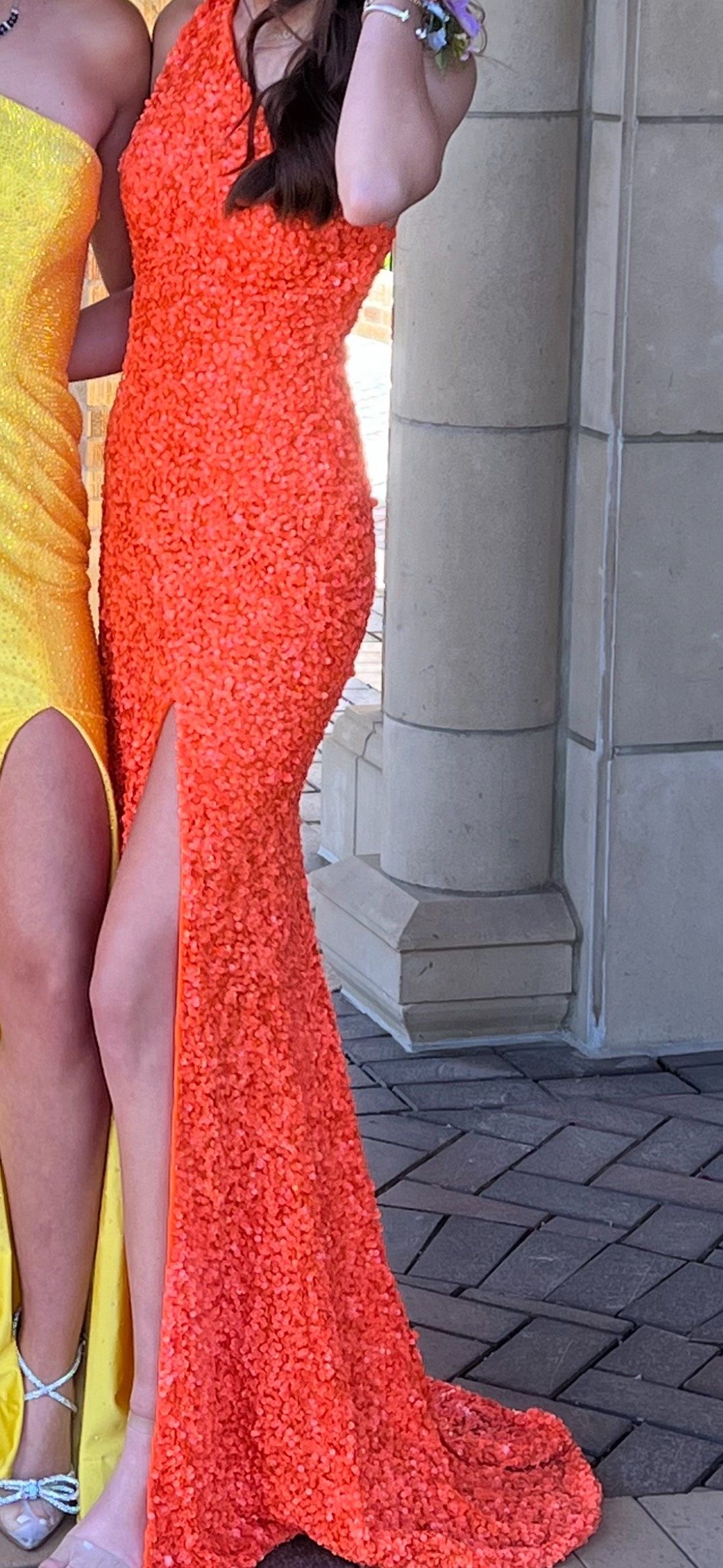 Sherri Hill Size 4 Prom One Shoulder Orange Side Slit Dress on Queenly