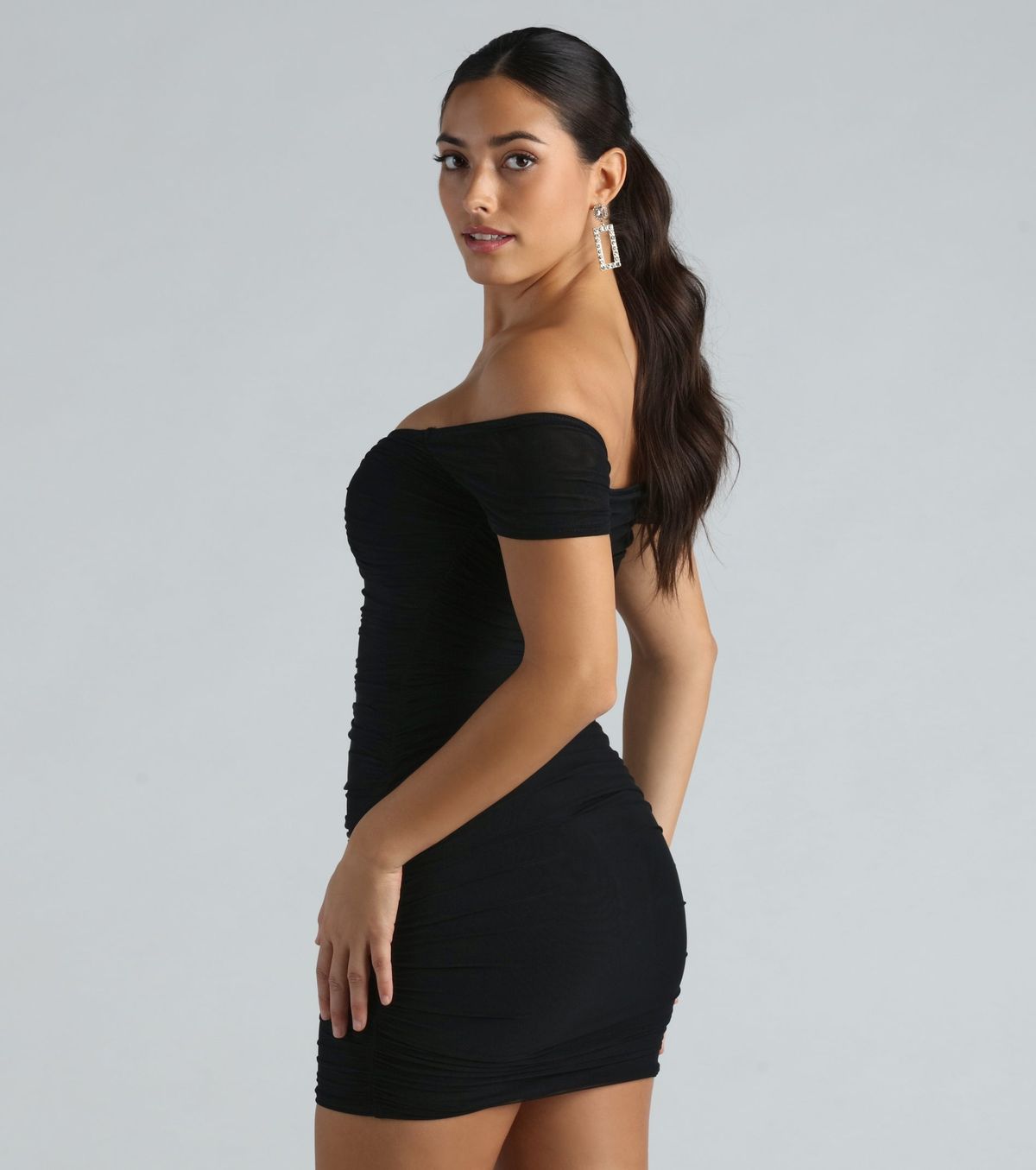 Style 05103-5255 Windsor Size XS Nightclub Off The Shoulder Sheer Black Cocktail Dress on Queenly