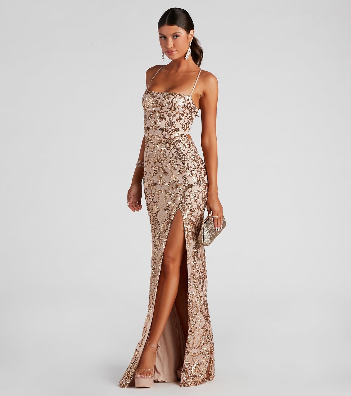 Style 05002-2453 Windsor Size L Bridesmaid Sheer Gold Side Slit Dress on Queenly