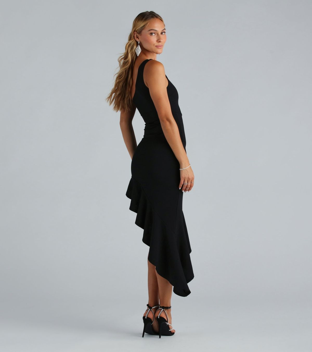 Style 05101-2846 Windsor Size S Homecoming One Shoulder Sequined Black Side Slit Dress on Queenly