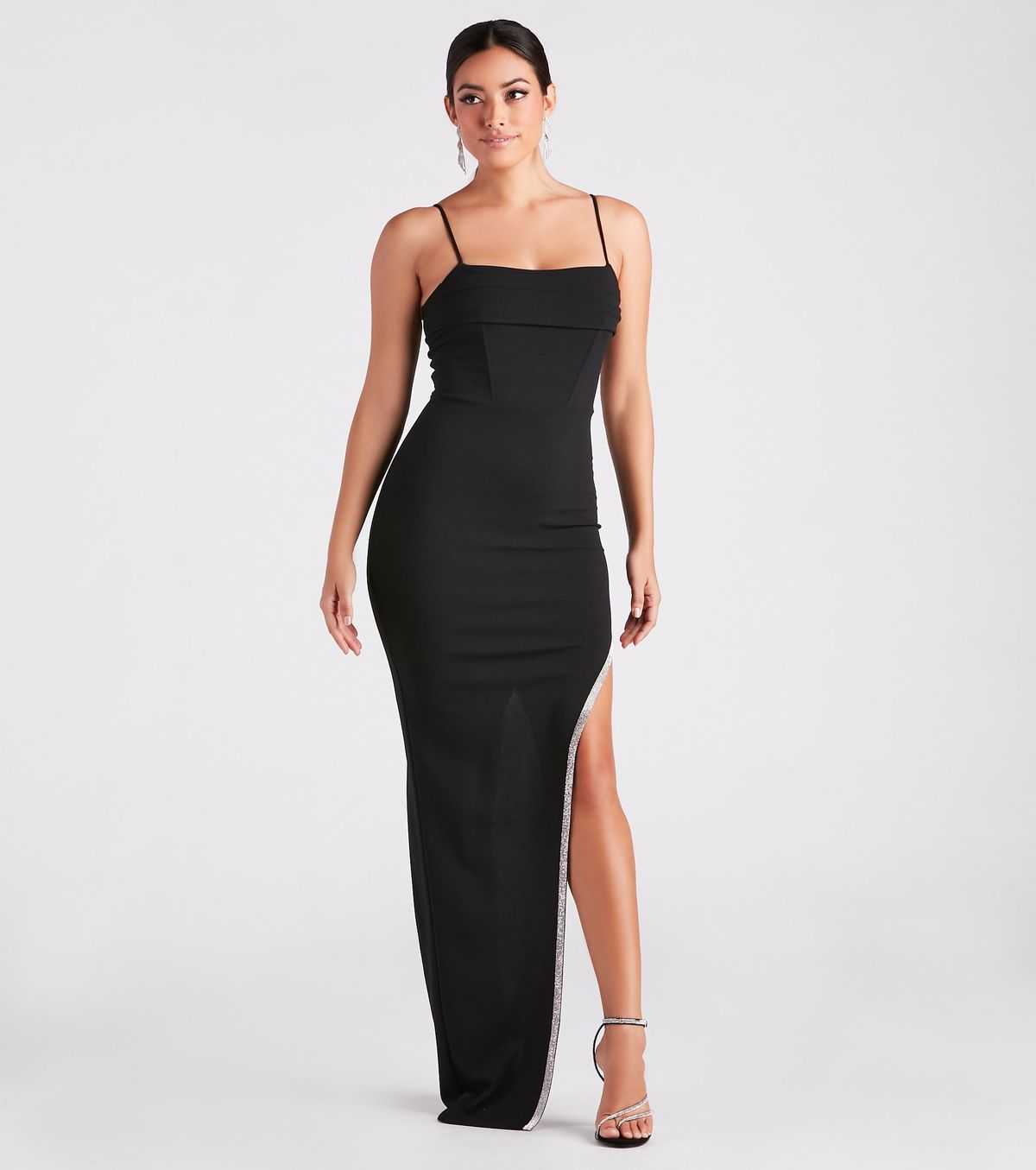 Style 05002-7484 Windsor Size M Bridesmaid Strapless Sequined Black Side Slit Dress on Queenly