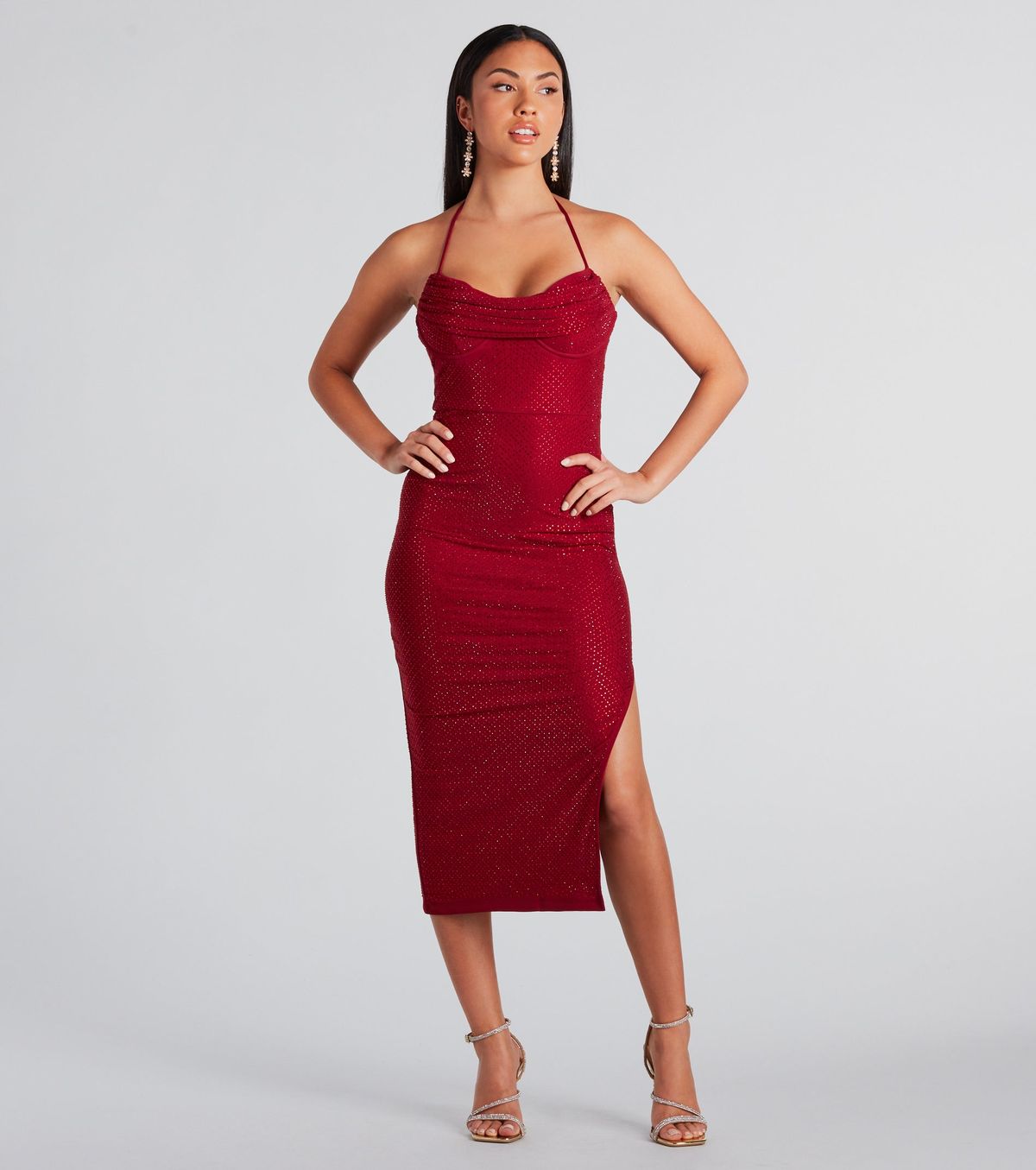 Style 05001-2011 Windsor Size L Prom Halter Sequined Red Side Slit Dress on Queenly
