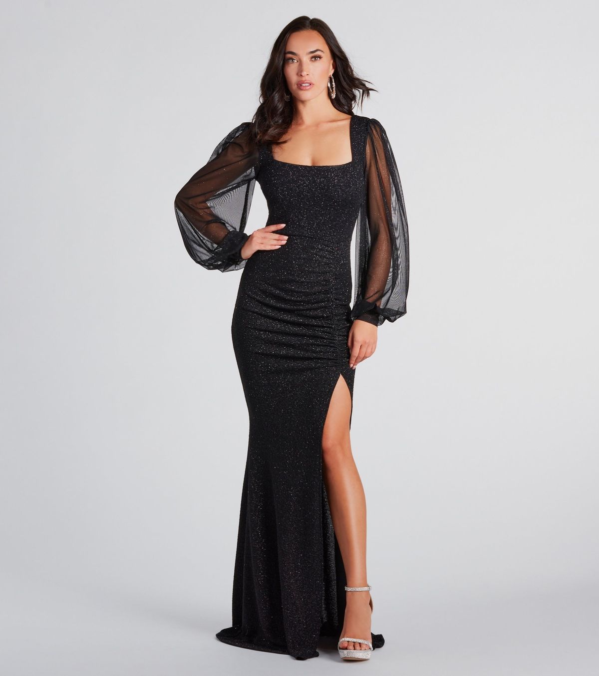 Style 05002-2889 Windsor Size L Prom Long Sleeve Sheer Black Side Slit Dress on Queenly