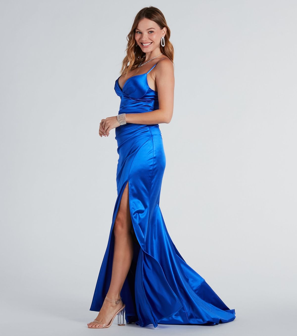 Style 05002-7674 Windsor Size M Bridesmaid Satin Blue Side Slit Dress on Queenly