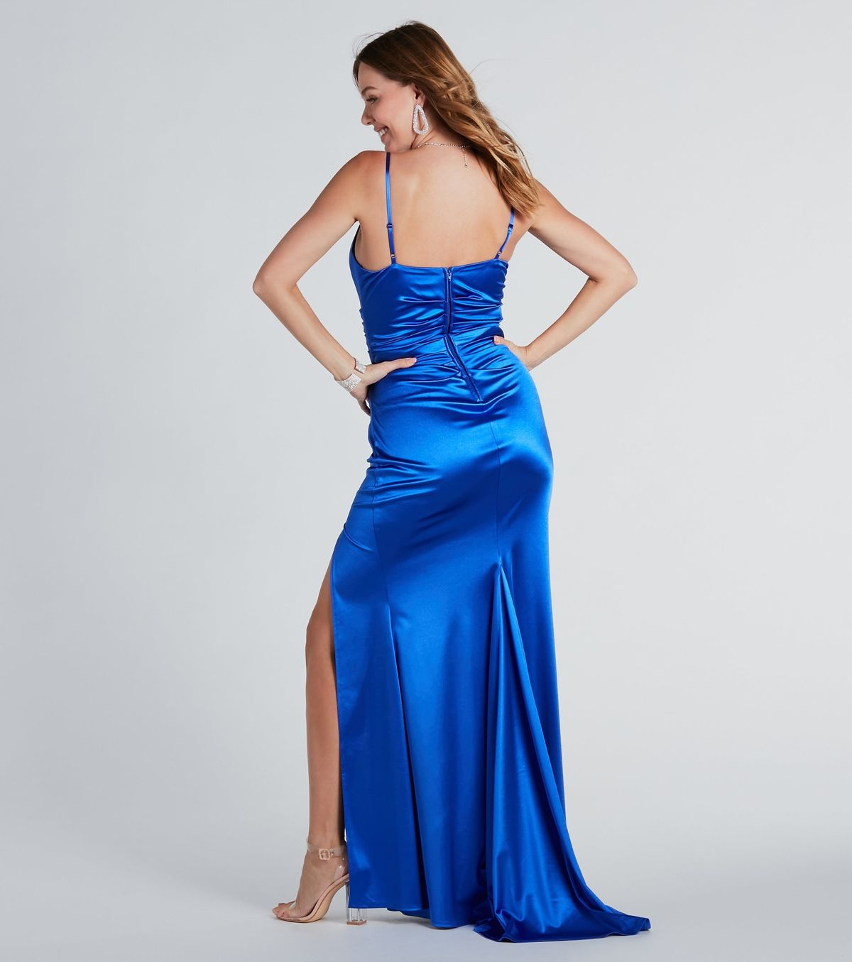 Style 05002-7674 Windsor Size M Bridesmaid Satin Blue Side Slit Dress on Queenly