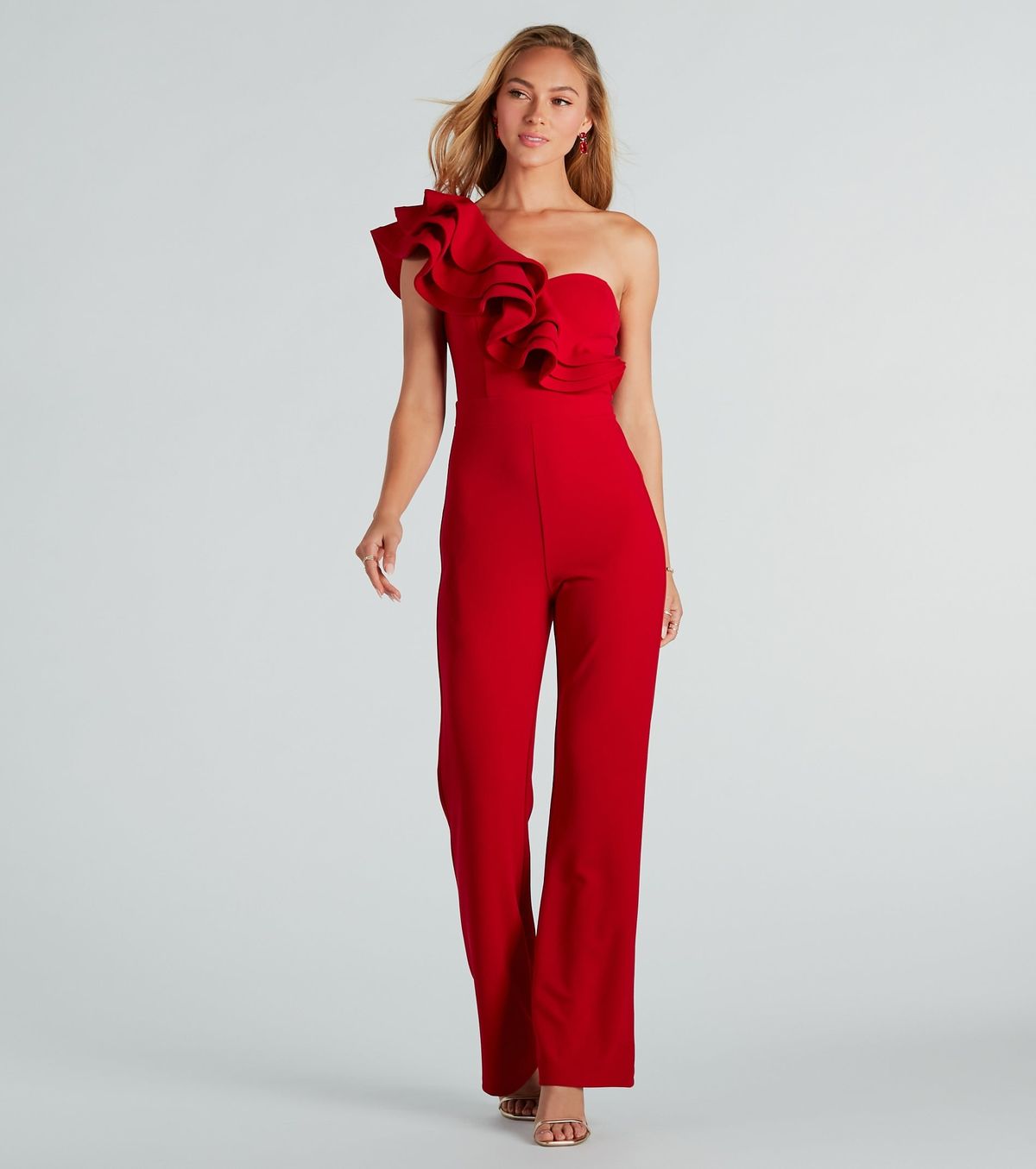 Style 06502-2412 Windsor Size XS One Shoulder Red Formal Jumpsuit on Queenly