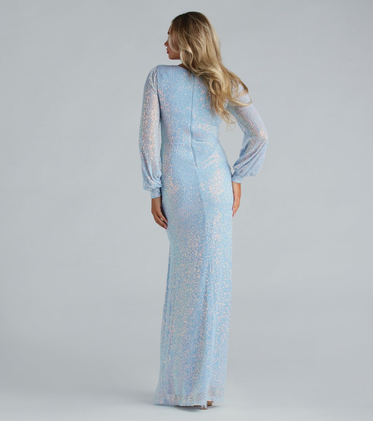 Style 05002-7480 Windsor Size S Bridesmaid Plunge Sheer Blue Side Slit Dress on Queenly