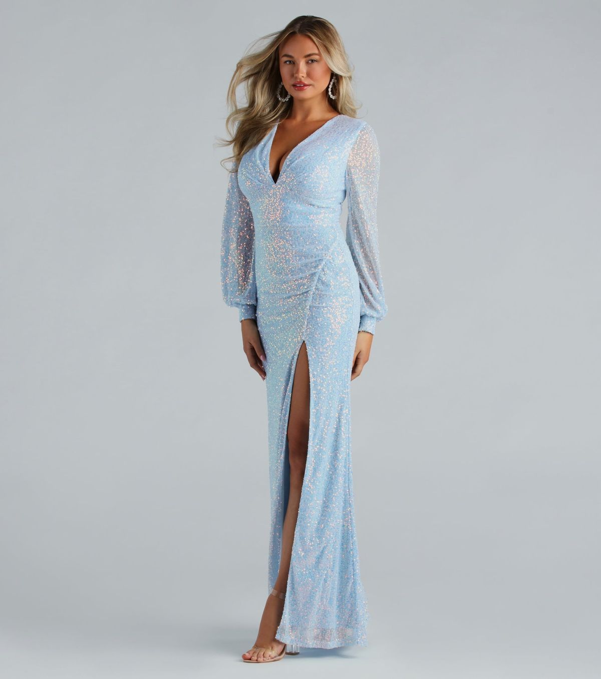 Style 05002-7480 Windsor Size S Bridesmaid Plunge Sheer Blue Side Slit Dress on Queenly