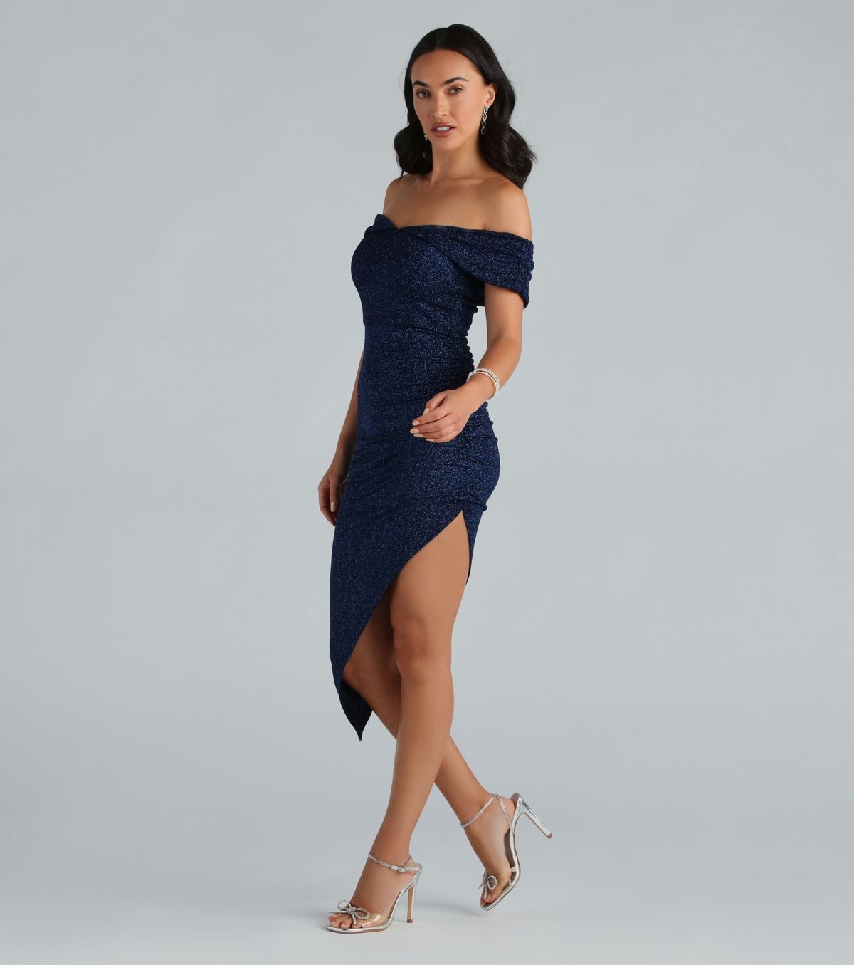 Style 05101-2841 Windsor Size S Prom Off The Shoulder Blue Side Slit Dress on Queenly