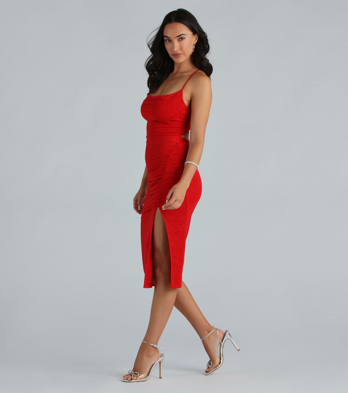 Style 05101-2648 Windsor Size M Prom Sheer Red Side Slit Dress on Queenly