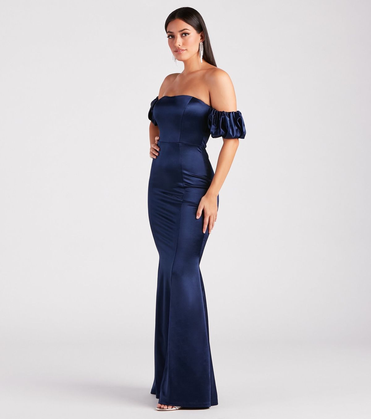 Style 05002-7211 Windsor Size XS Bridesmaid Off The Shoulder Sequined Blue Mermaid Dress on Queenly