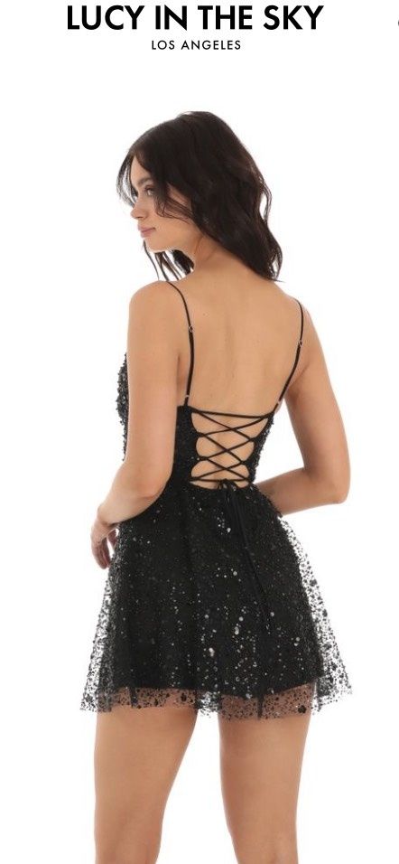 Style L63313 Lucy In The Sky Size M Prom Sheer Black Cocktail Dress on Queenly