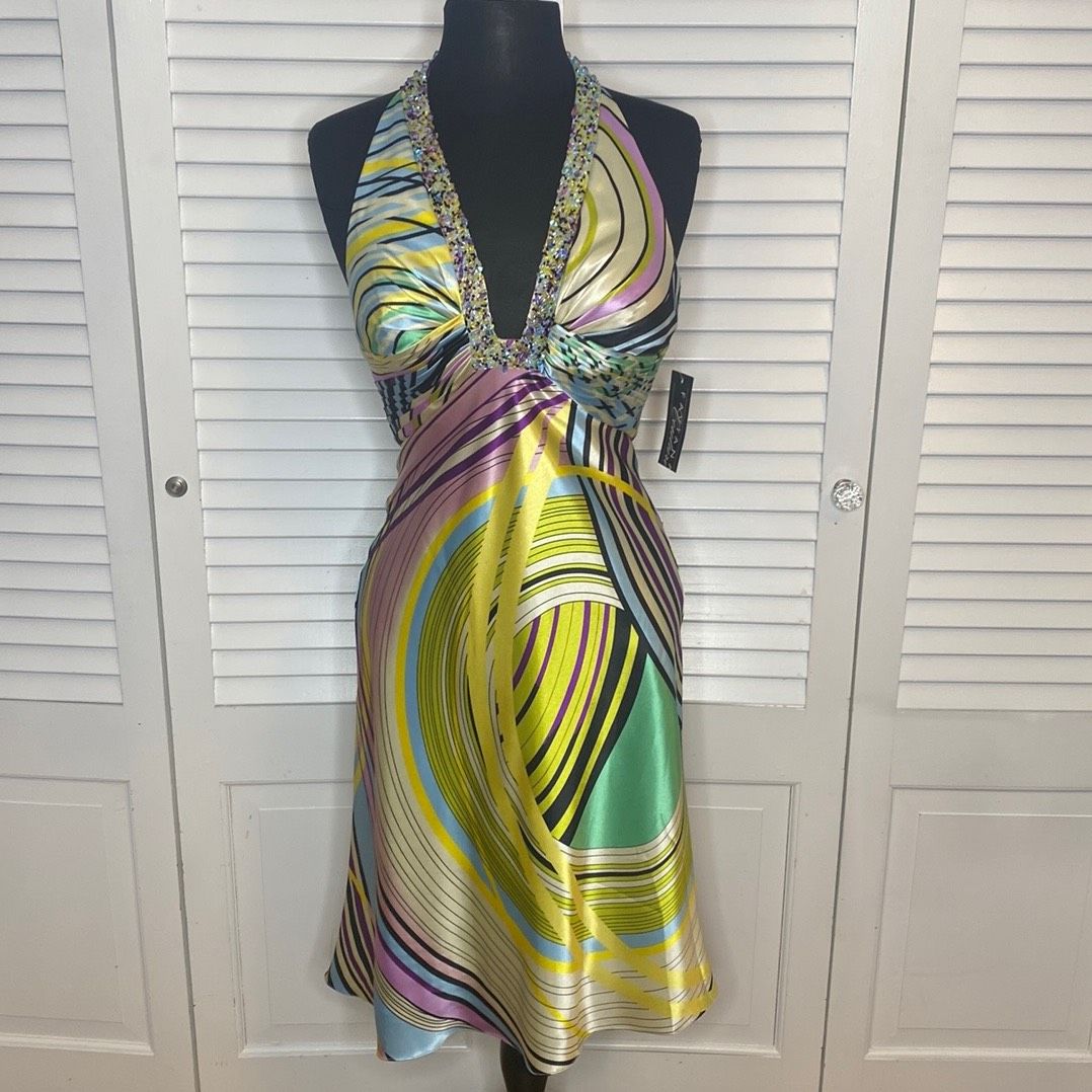 Style 6400 Faviana Size 8 Nightclub Halter Multicolor Cocktail Dress on Queenly