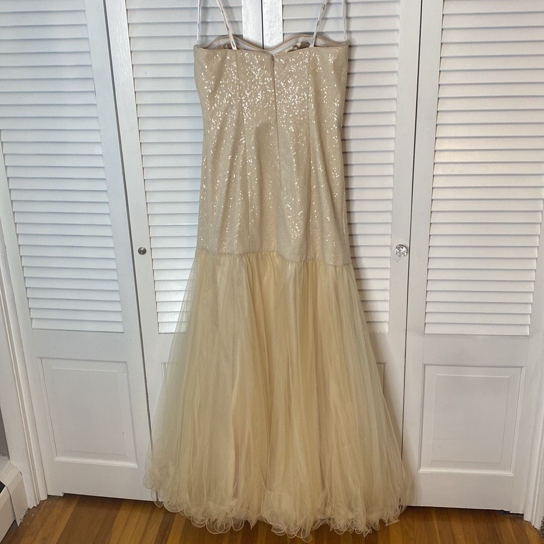 Style 71444 Sparkle Size 14 Prom Strapless Nude Side Slit Dress on Queenly