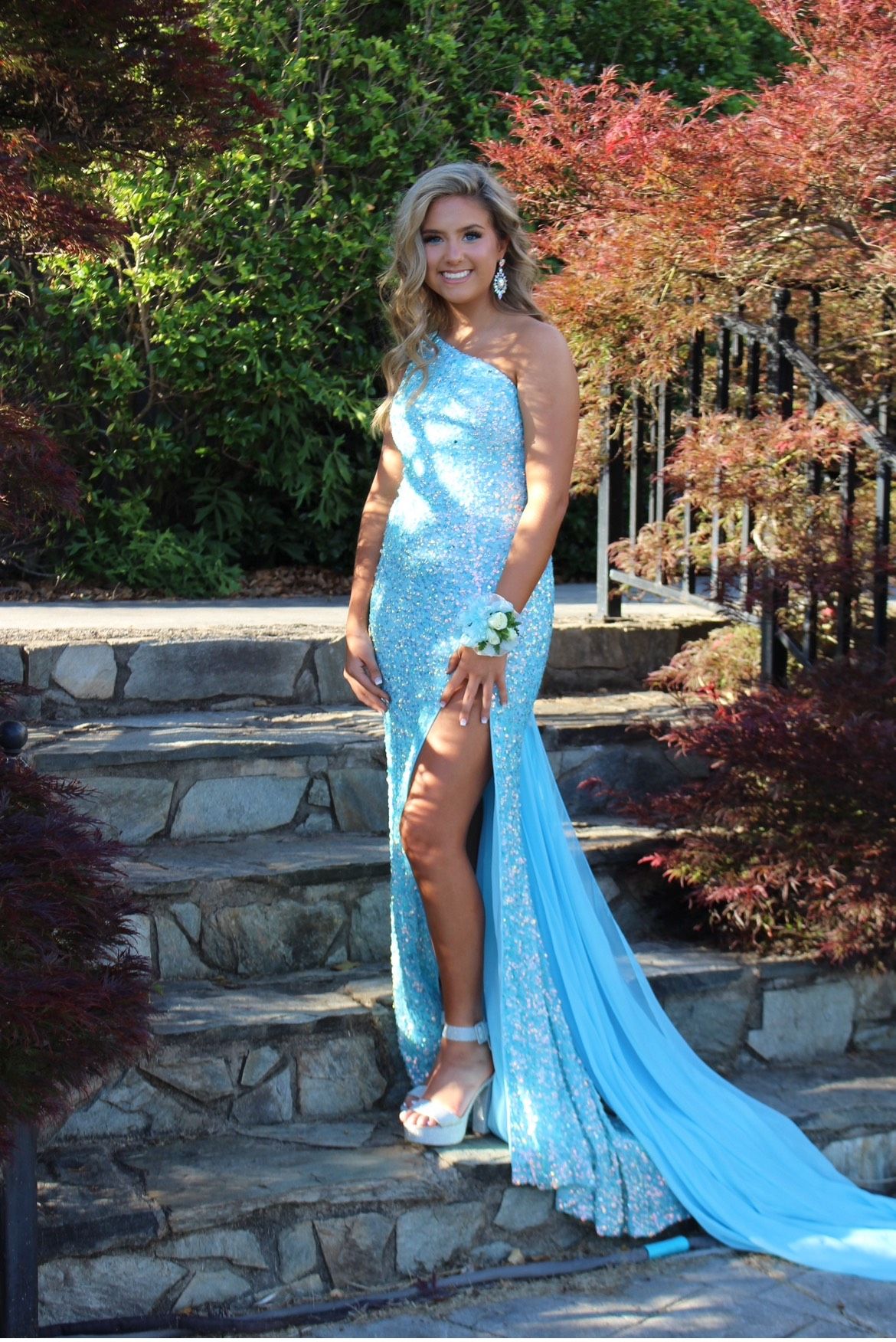 Style 11371 Ashley Lauren Size 0 Prom One Shoulder Light Blue Side Slit Dress on Queenly