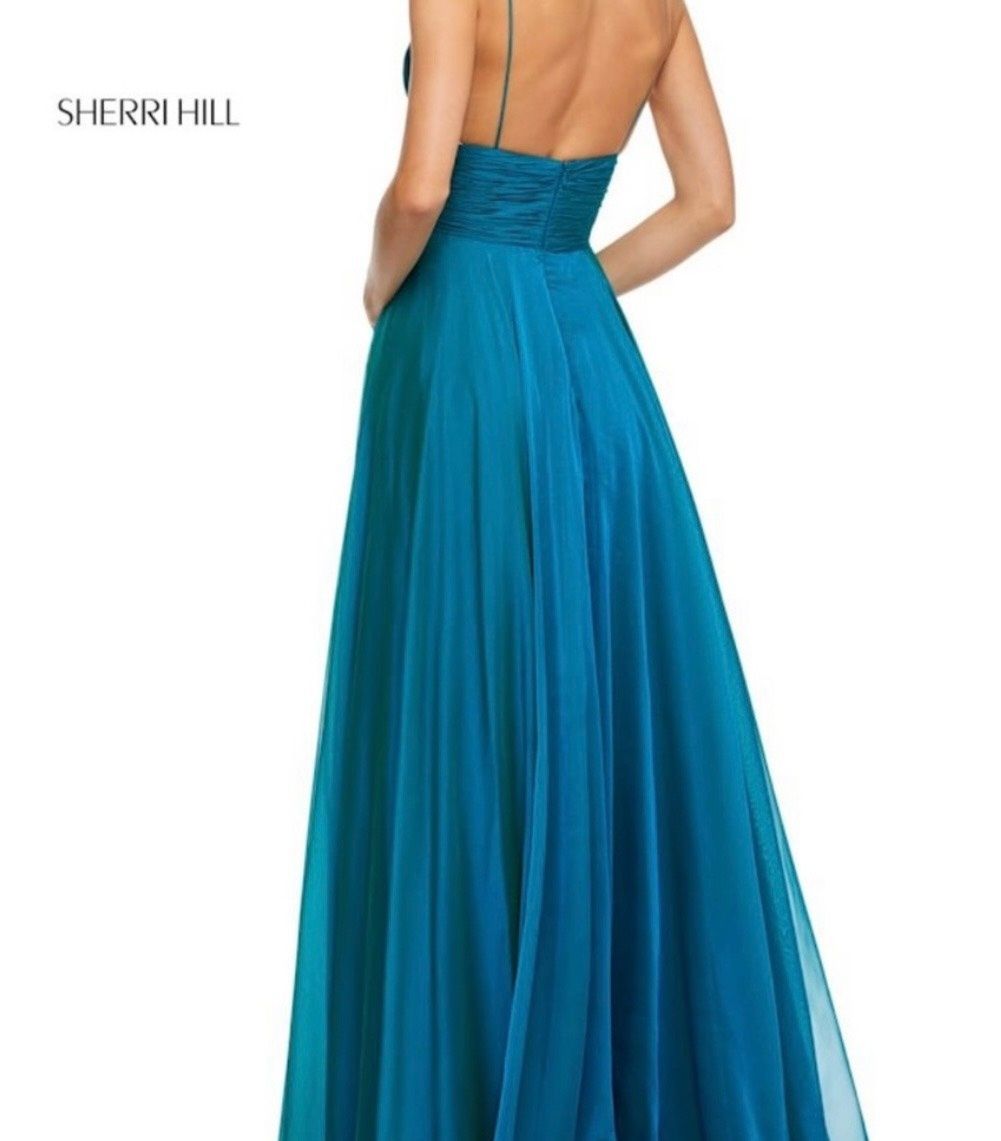 Style 52590 Sherri Hill Size 6 Bridesmaid Plunge Blue A-line Dress on Queenly