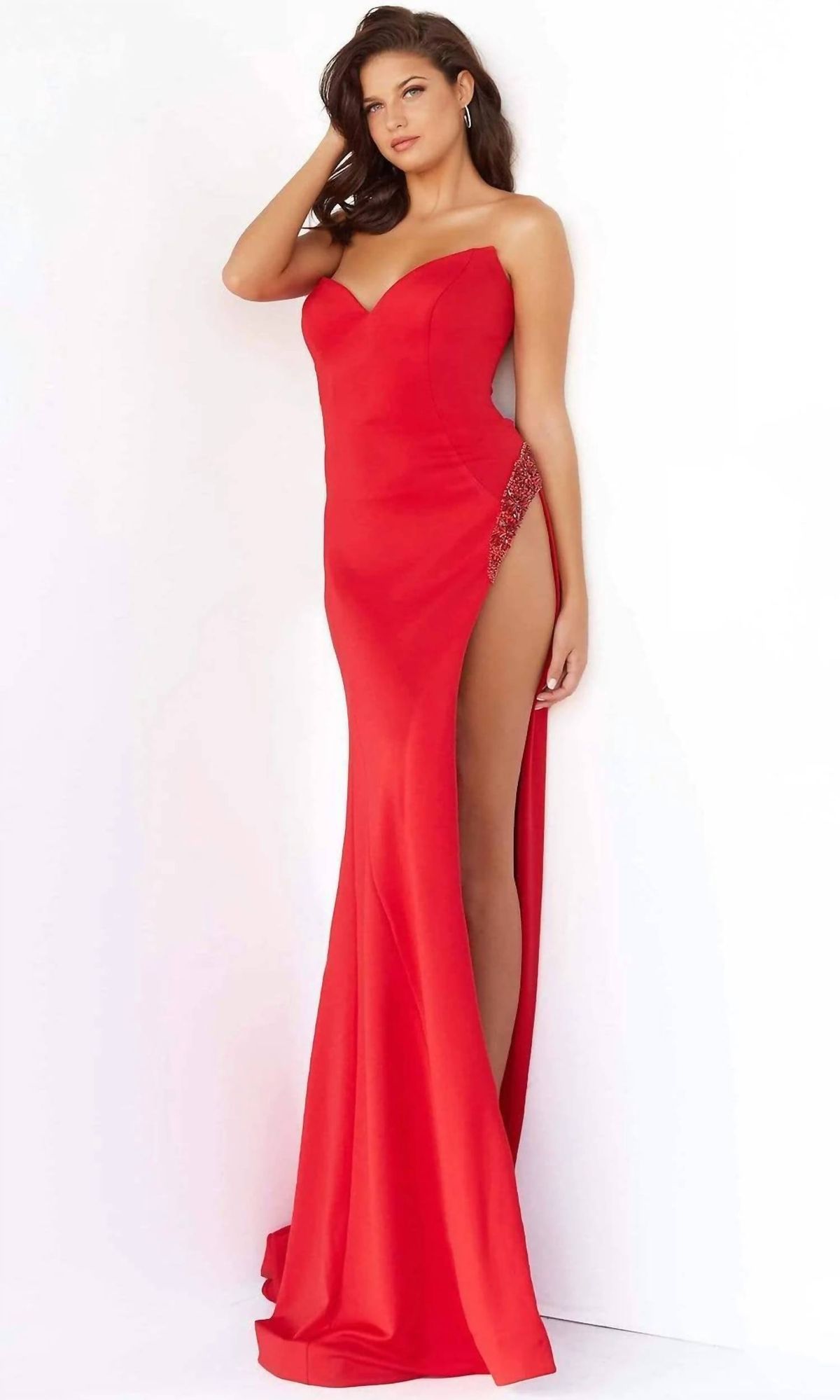 Style 1-1427136268-1498 JOVANI Size 4 Pageant Strapless Red Side Slit Dress on Queenly