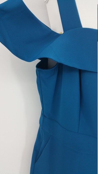 Size XL Pageant Interview Off The Shoulder Blue Formal Jumpsuit on Queenly