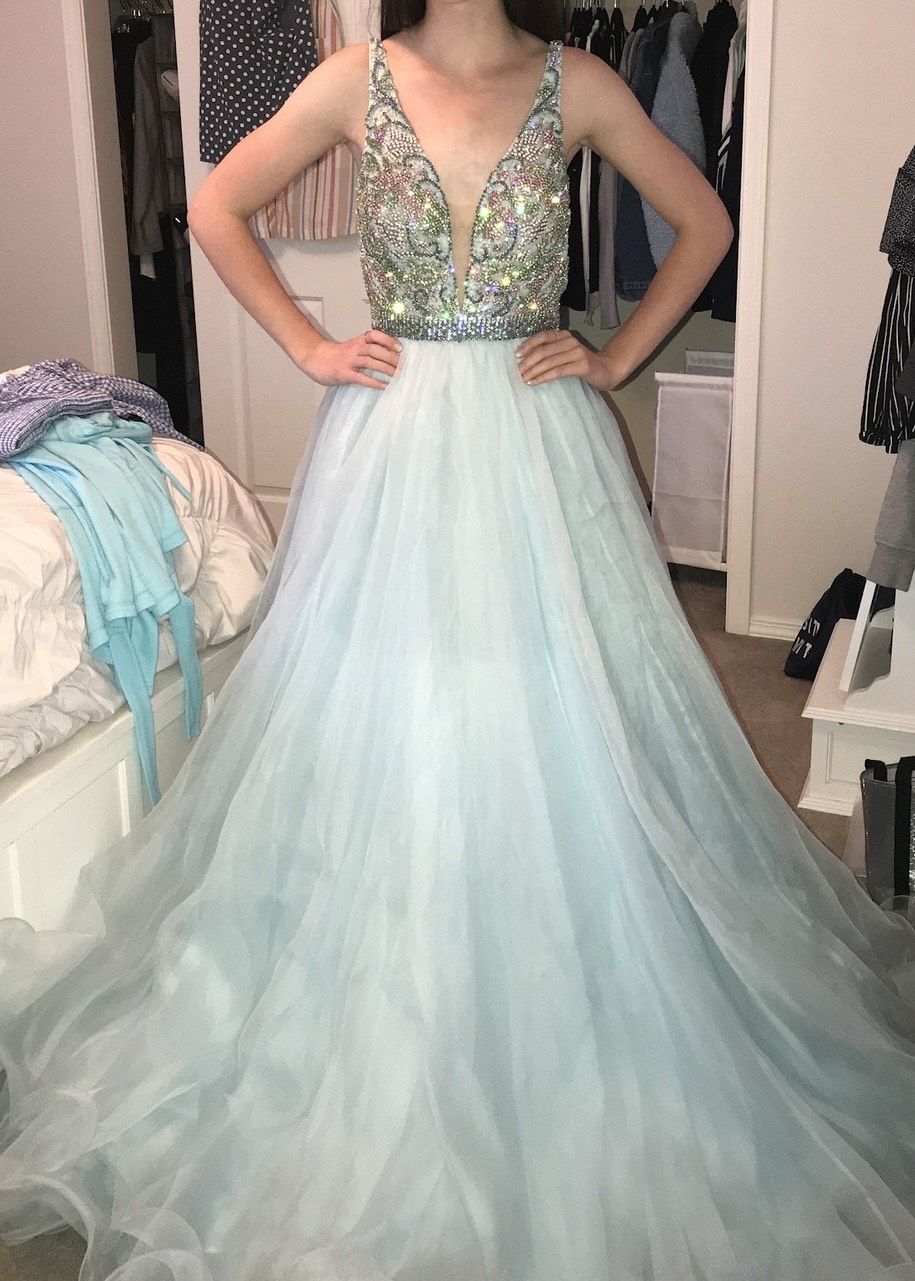Sherri Hill Size 2 Pageant Plunge Light Blue Ball Gown on Queenly