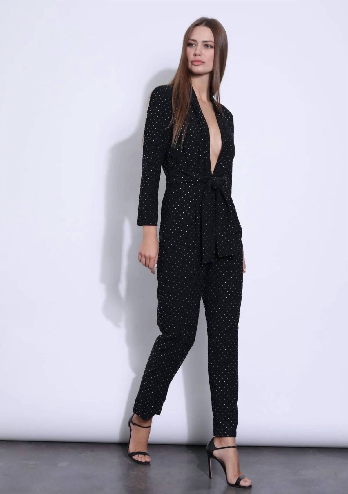 Style 1-296872309-3855 Karina Grimaldi Size XS Plunge Sequined Black Formal Jumpsuit on Queenly