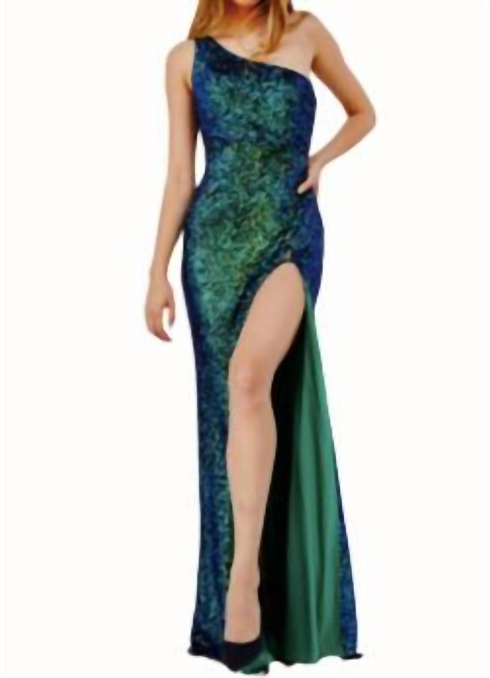 Style 1-3968848063-1498 JOVANI Size 4 One Shoulder Emerald Green Side Slit Dress on Queenly
