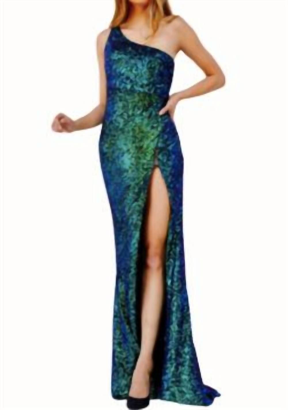 Style 1-3968848063-2168 JOVANI Size 8 One Shoulder Emerald Green Side Slit Dress on Queenly