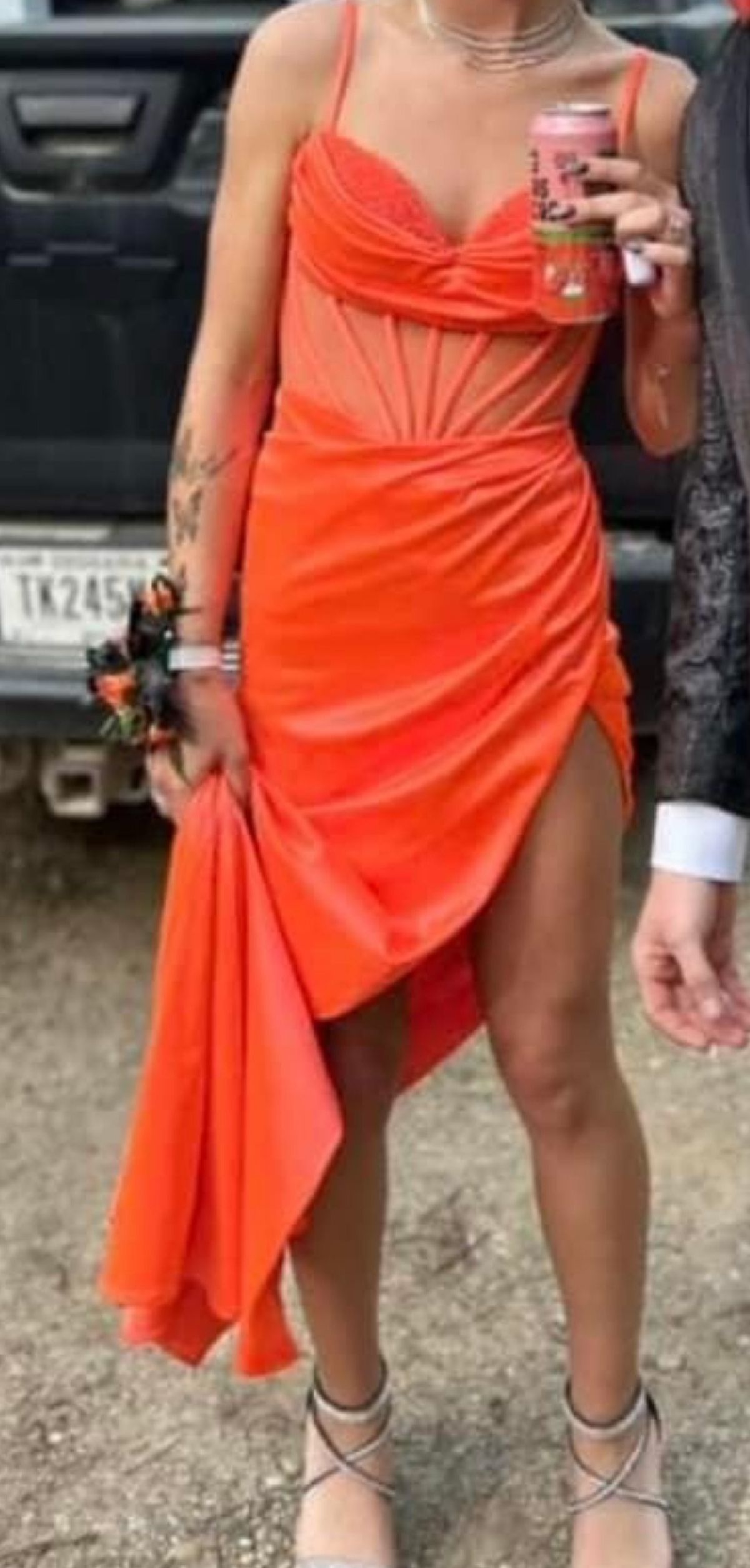 Size 0 Prom Plunge Satin Orange Side Slit Dress on Queenly