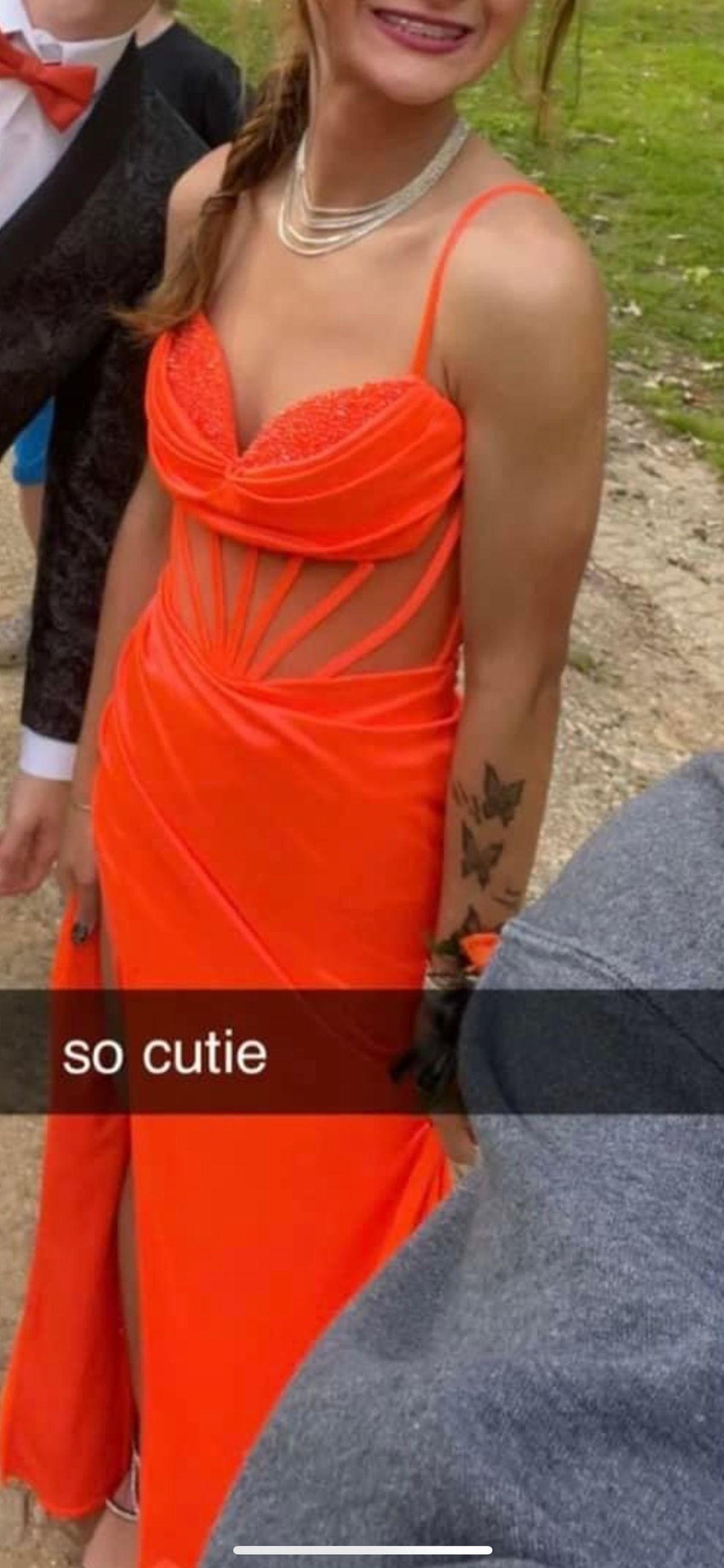 Size 0 Prom Plunge Satin Orange Side Slit Dress on Queenly
