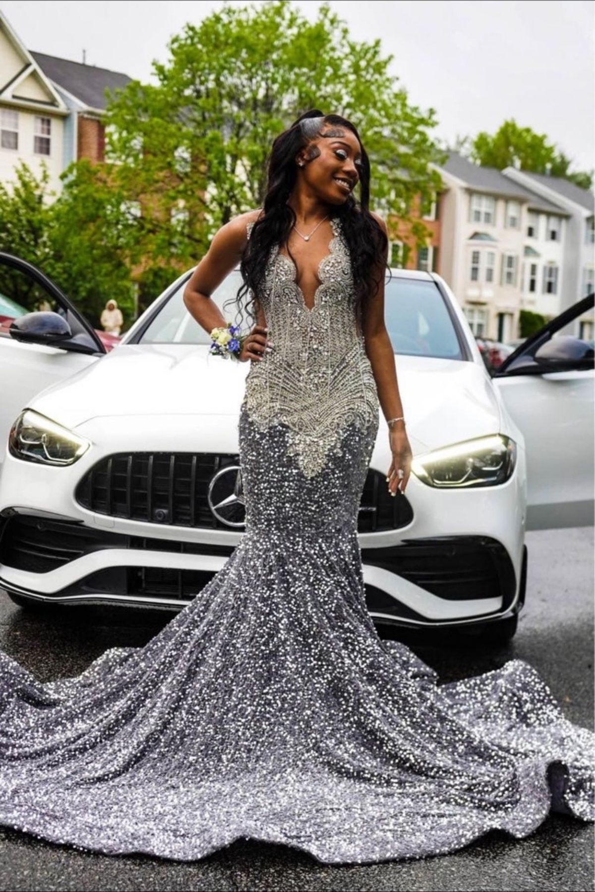 Size M Prom Halter Silver Ball Gown on Queenly