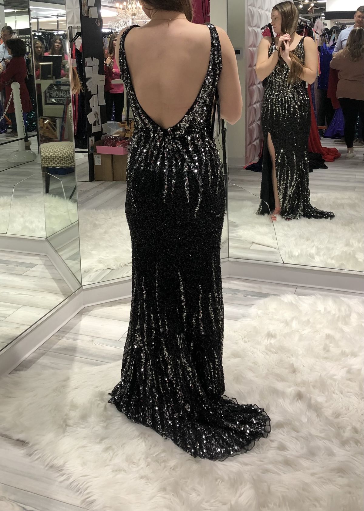 Style 3912 Primavera Size 4 Prom Plunge Black Side Slit Dress on Queenly