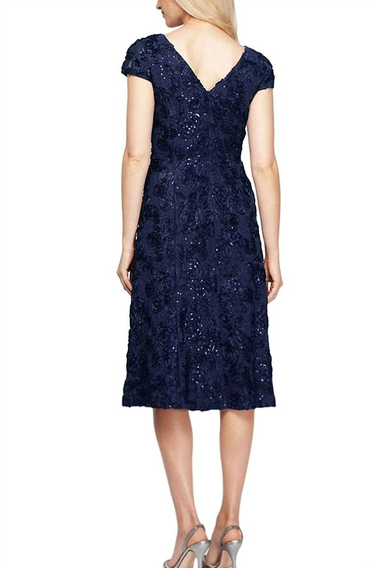 Style 1-1364253215-238 Alex Evenings Size 12 Cap Sleeve Lace Navy Blue Cocktail Dress on Queenly