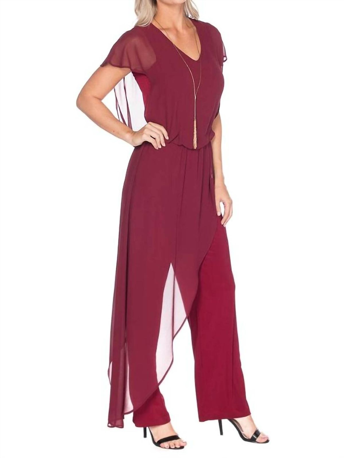 Style 1-1438712743-3471 LAST TANGO Size S Sequined Burgundy Red Formal Jumpsuit on Queenly