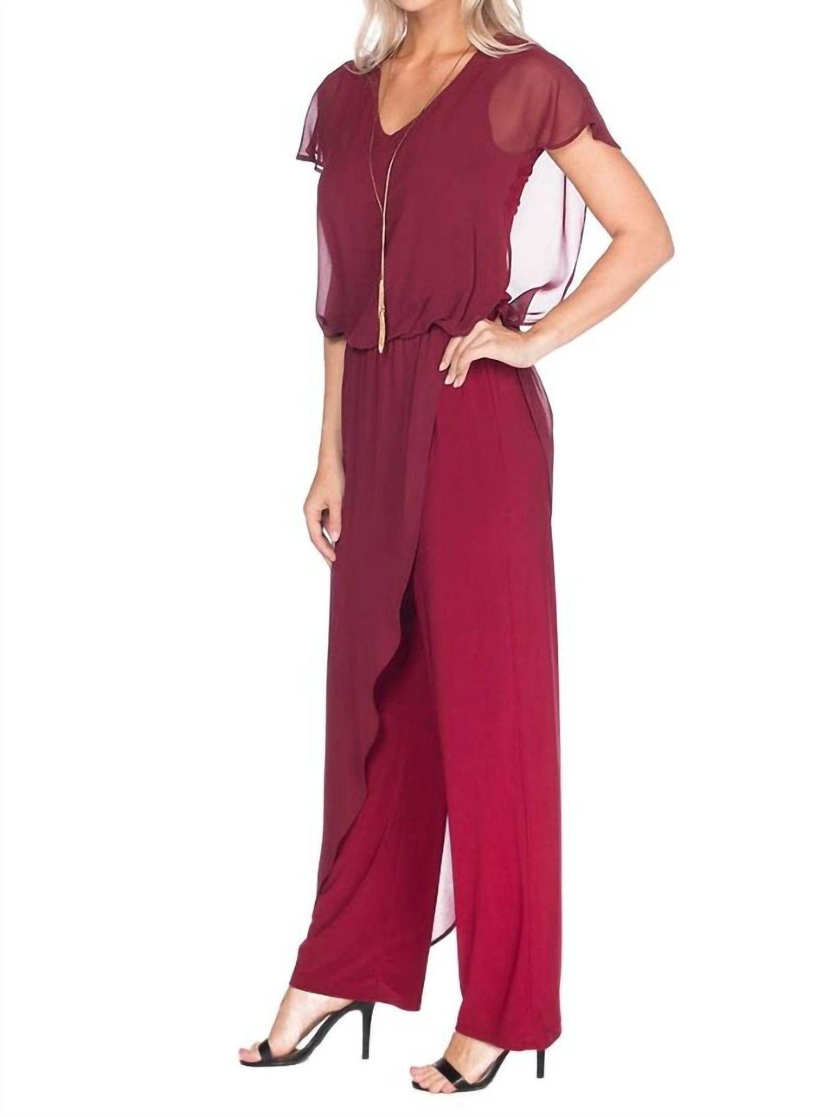 Style 1-1438712743-3471 LAST TANGO Size S Sequined Burgundy Red Formal Jumpsuit on Queenly