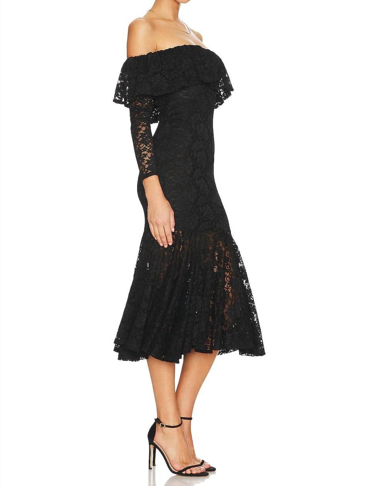 Style 1-1822727241-3236 CAROLINE CONSTAS Size S Off The Shoulder Lace Black Cocktail Dress on Queenly