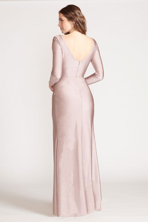 Style 2103 Bari Jay Size M Prom Long Sleeve Nude Side Slit Dress on Queenly
