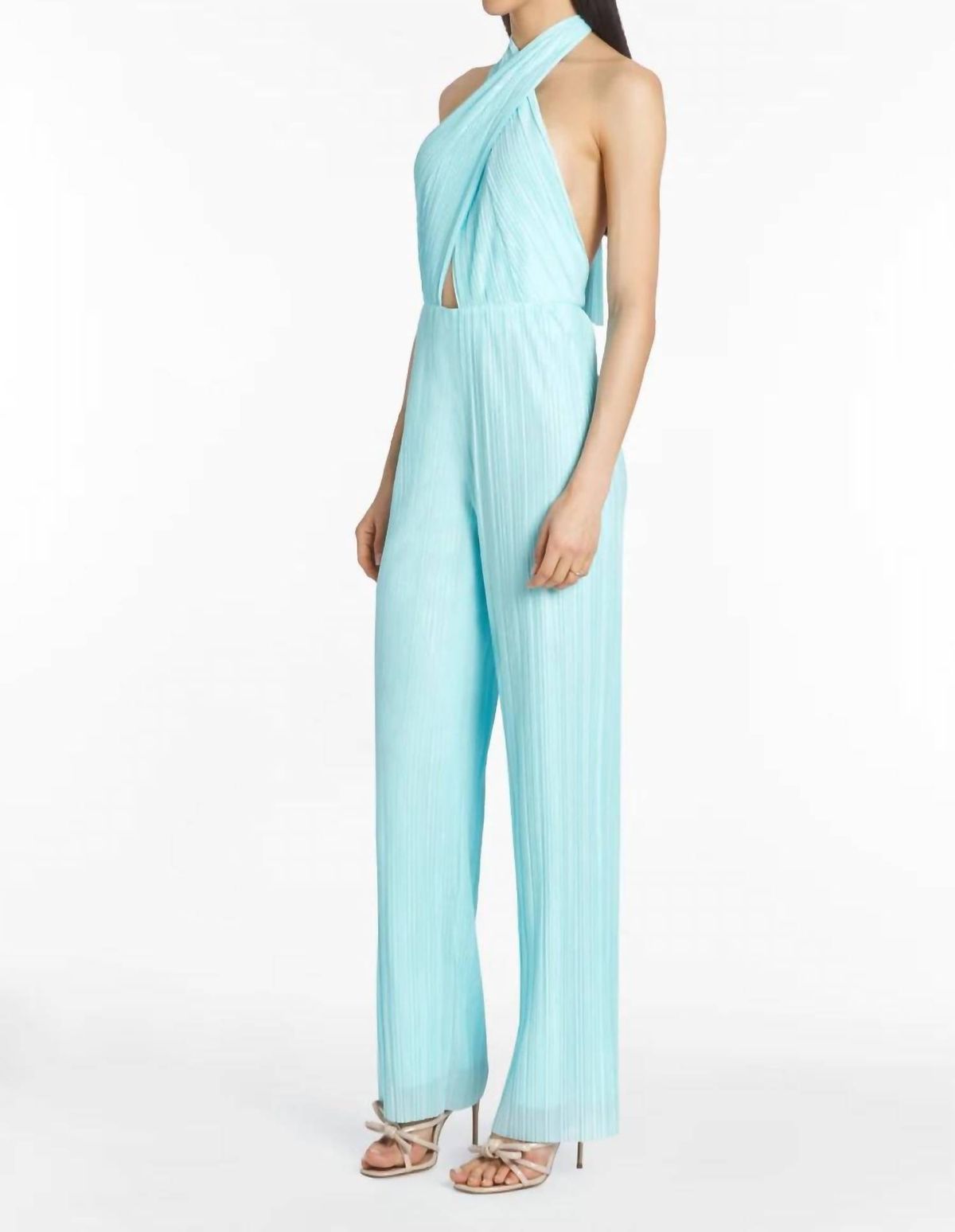 Style 1-3081299386-3236 Amanda Uprichard Size S Halter Blue Formal Jumpsuit on Queenly