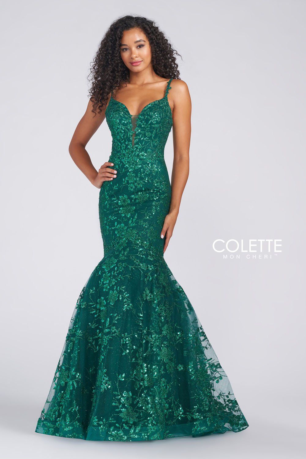 Style CL12242 Colette Size 6 Prom Floral Emerald Green Mermaid Dress on Queenly
