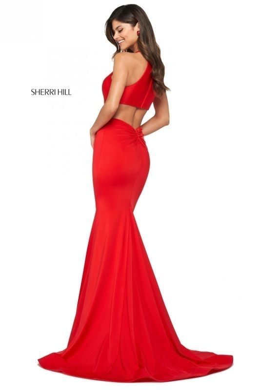 Style 53663 Sherri Hill Size 00 Prom High Neck Hot Pink Mermaid Dress on Queenly