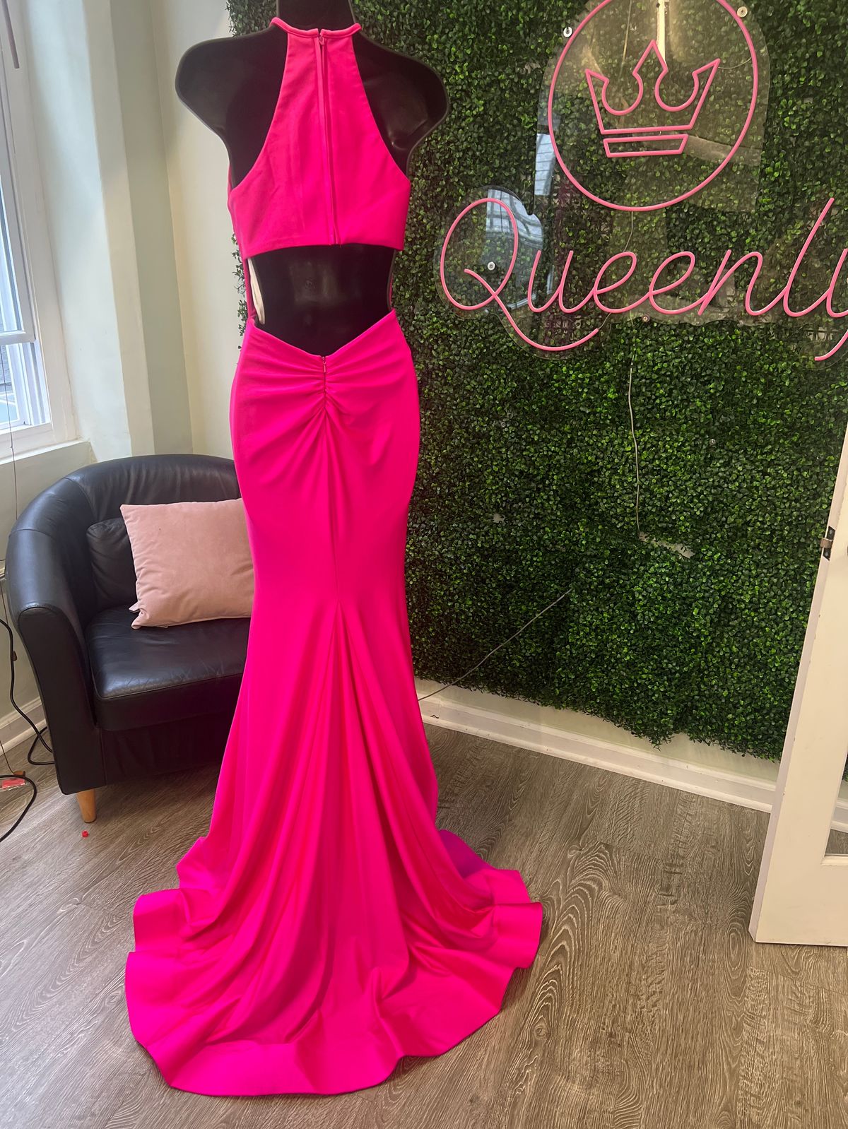 Style 53663 Sherri Hill Size 00 Prom High Neck Hot Pink Mermaid Dress on Queenly