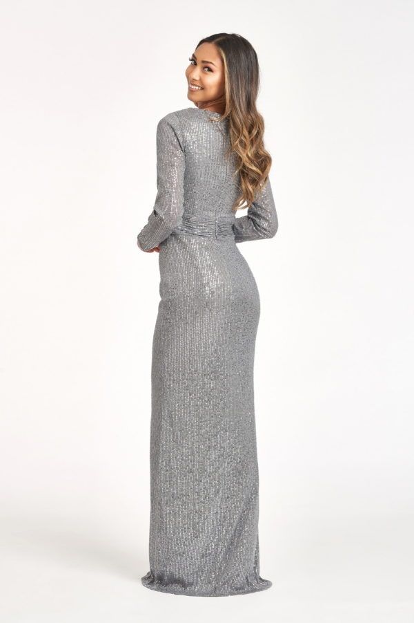 Style GL3063 Gls Size 2XL Bridesmaid Long Sleeve Silver Side Slit Dress on Queenly