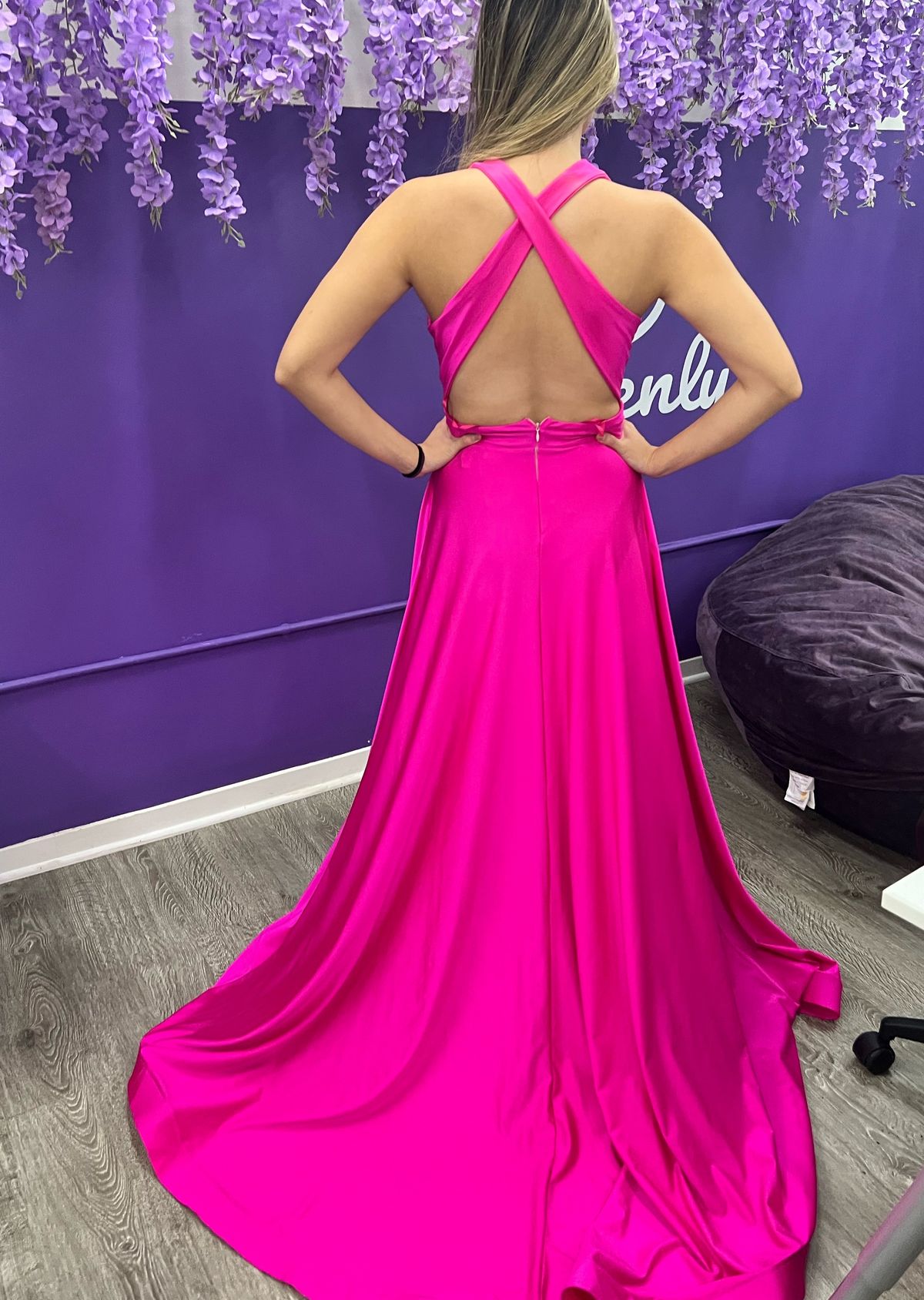 Jessica Angel Size 4 Prom Plunge Satin Hot Pink Side Slit Dress on Queenly