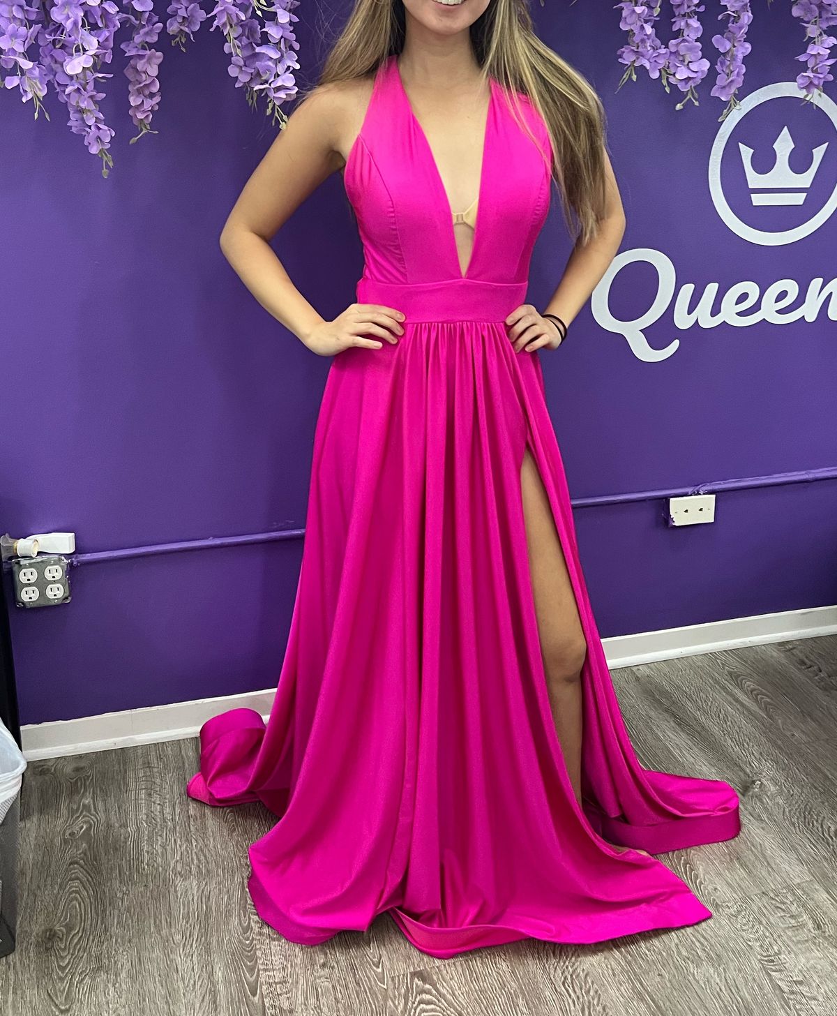 Jessica Angel Size 4 Prom Plunge Satin Hot Pink Side Slit Dress on Queenly