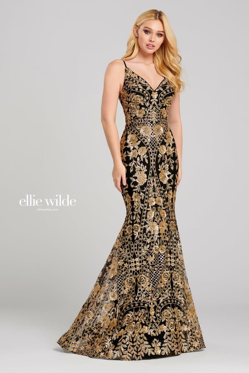 Style EW120024 Ellie Wilde Size 6 Prom Gold Mermaid Dress on Queenly