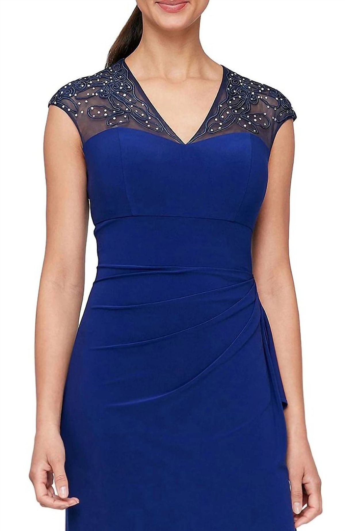 Style 1-394501772-1901 Alex Evenings Size 6 Cap Sleeve Royal Blue Side Slit Dress on Queenly