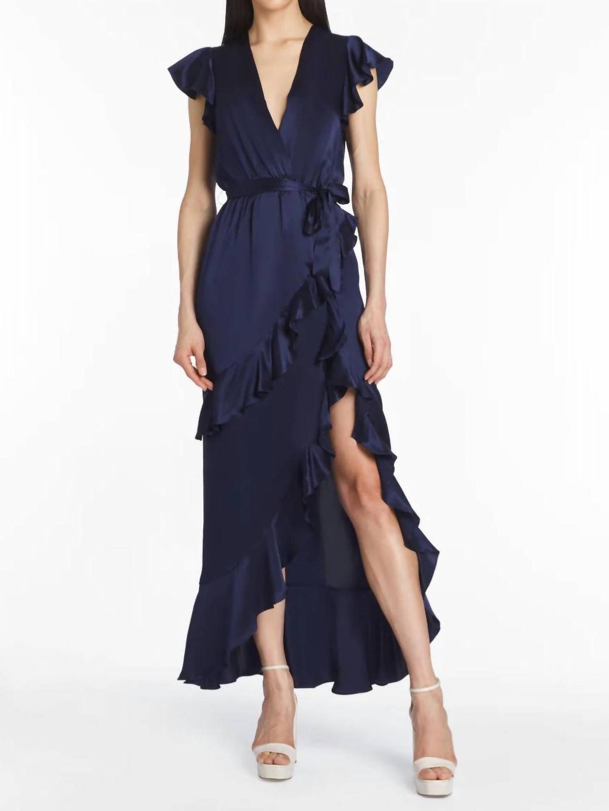 Style 1-932803168-3236 Amanda Uprichard Size S Satin Navy Blue Side Slit Dress on Queenly