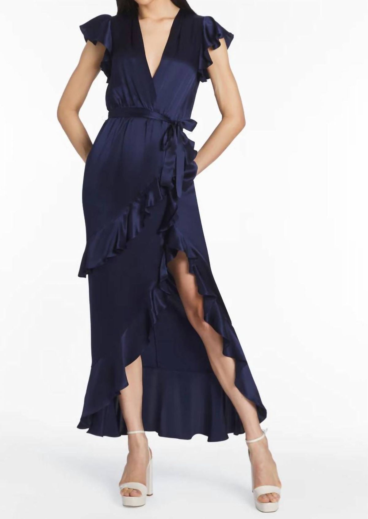 Style 1-932803168-3855 Amanda Uprichard Size XS Satin Navy Blue Side Slit Dress on Queenly