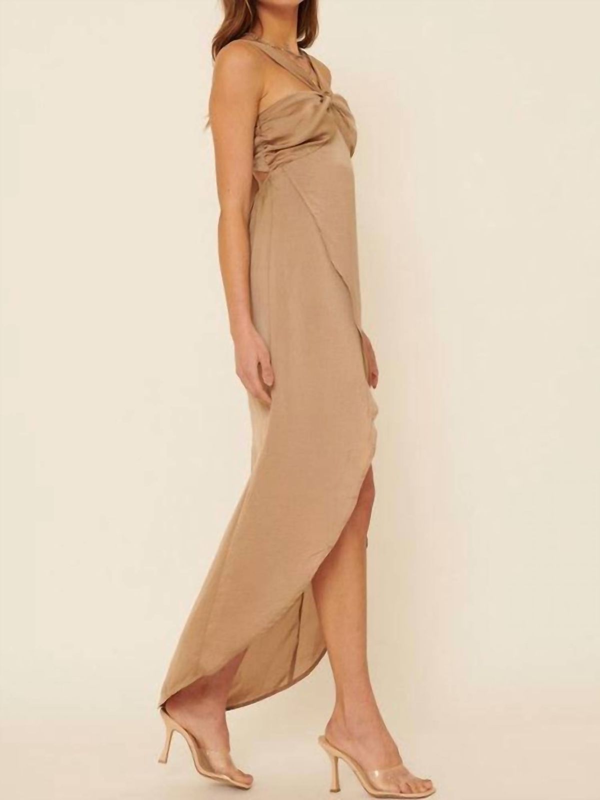 Style 1-964796555-2791 PROMESA Size L Halter Nude Side Slit Dress on Queenly