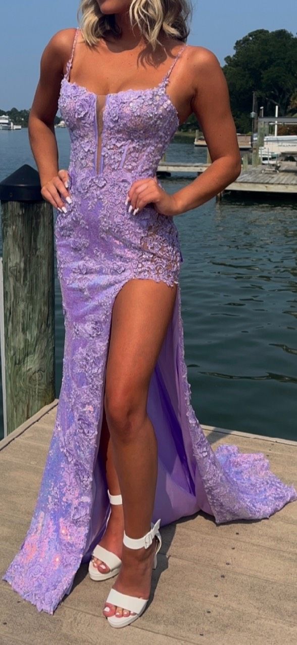 Style 55059 Sherri Hill Size 0 Prom Plunge Floral Purple Mermaid Dress on Queenly